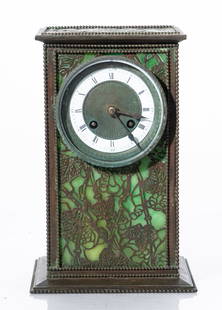 Signed Tiffany Studios Grapevine Pattern and Glass Mantle Clock: Signed Tiffany Studios grapevine pattern mantle clock, green glass backingTiffany Studios grapevine pattern clock, green glass backing, signed, Signed along base. Clockmaker: Ferdinand Hofmann10.25&qu