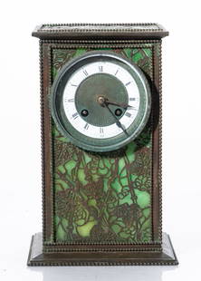 Signed Tiffany Studios Grapevine Pattern and Glass Mantle Clock: Signed Tiffany Studios grapevine pattern mantle clock, green glass backingTiffany Studios grapevine pattern clock, green glass backing, signed, Signed along base. Clockmaker: Ferdinand Hofmann10.25"H