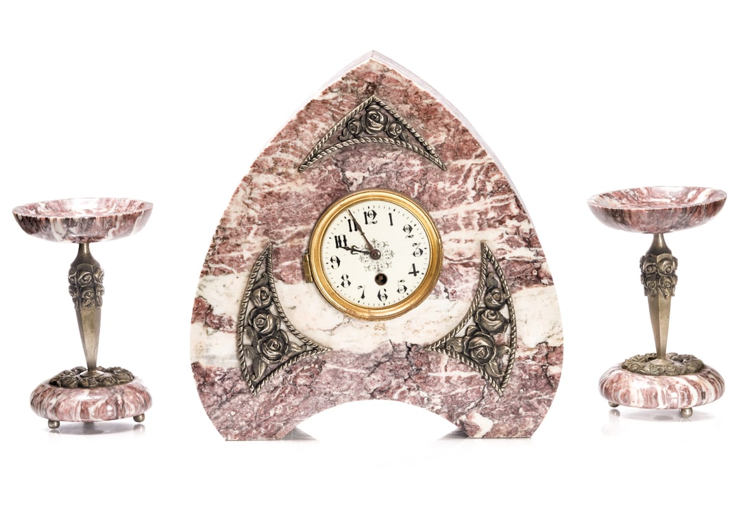 French Art Deco 3-Piece Mantel Clock Garniture in Pink Marble and silvered bronze 1930's (1 of 11)