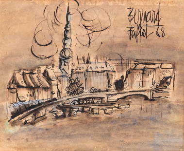 Signed Bernard Buffet Mixed Media Painting: Signed Bernard Buffet 1968 mixed ink and gouache painting depicting a Bridge and Cityscape. Looks correct. Buffet was often copied and forged, but unlikely for this piece.Signed Bernard Buffet Gouache