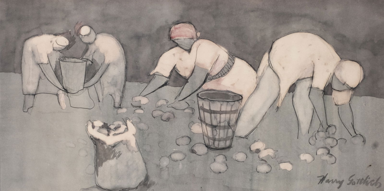 Signed Harry Gottlieb WPA era Southern Cotton Harvest Watercolor Painting (1 of 8)