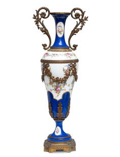 Sevres Tall Signed Antique Porcelain & Bronze Urn: Sevres Tall Signed Antique Porcelain & Bronze UrnAntique Sevres porcelain urn, dating from the 19th century, originating from France. This elegant piece with painted enameled floral festoons. Compleme