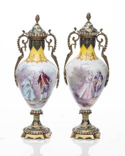 Pr. French "Sevres" porcelain, bronze and Champleve enamel Lidded Urns circa 1900: French "Sevres" porcelain, bronze and Champleve enamel Lidded Urns circa 1900French "Sevres" porcelain, bronze and Champleve enamel Lidded Urns circa 190012.5"H x 4.5"W x