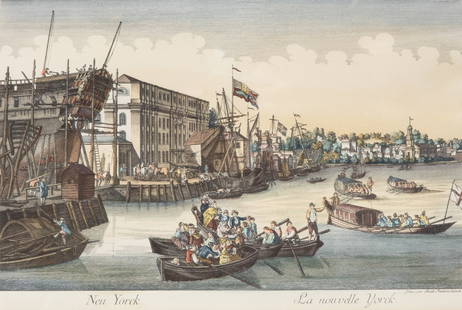 New York Balthasar Frederich Lazelt Colored Engraving Print of lower manhattan harbor entrance: New York Lower Manhattan Waterfront Balthasar Frederich Lazelt Colored Engraving Print Published 1775 18th century view of the harbor of New York by Balthasar Frederic Lazelt Colored Engraving of New