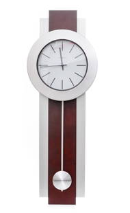 Howard Miller Bergen Wall Clock: Howard Miller Bergen Wall Clock Howard Miller Bergen Wall Clock features a Merlot cherry finish and contrasting brushed nickel-finished pendulum, bezel and side bars. 32 1/2 x 12 1/2 in. (82.6 x 31.8