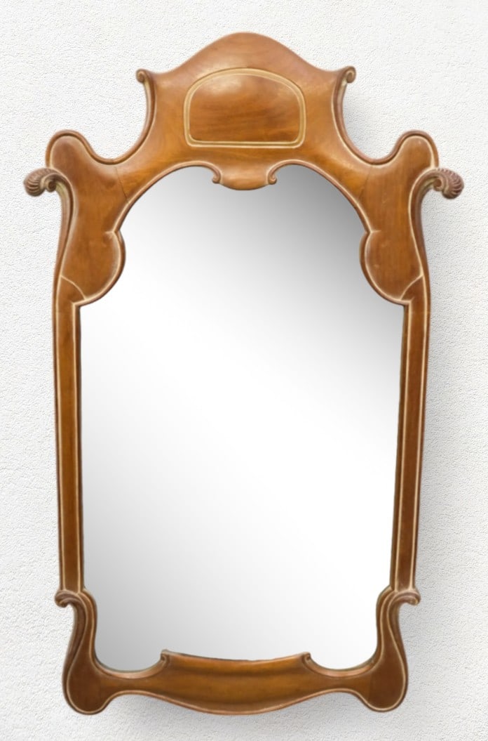 French Art Nouveau Curvilinear Design Finely Crafted Walnut Mirror (1 of 1)