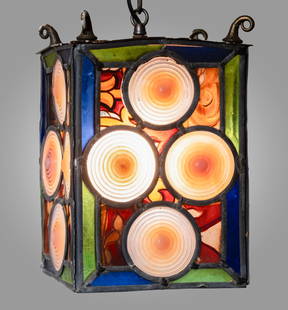 Victorian Leaded and Stained Glass Hanging Lantern: Victorian Leaded and Stained Glass Hanging Lantern circa 1900 11 1/4 x 7 1/2 x 7 1/2 in. (28.6 x 19.1 x 19.1 cm.) SHIPPING: Collective HUDSON does NOT o