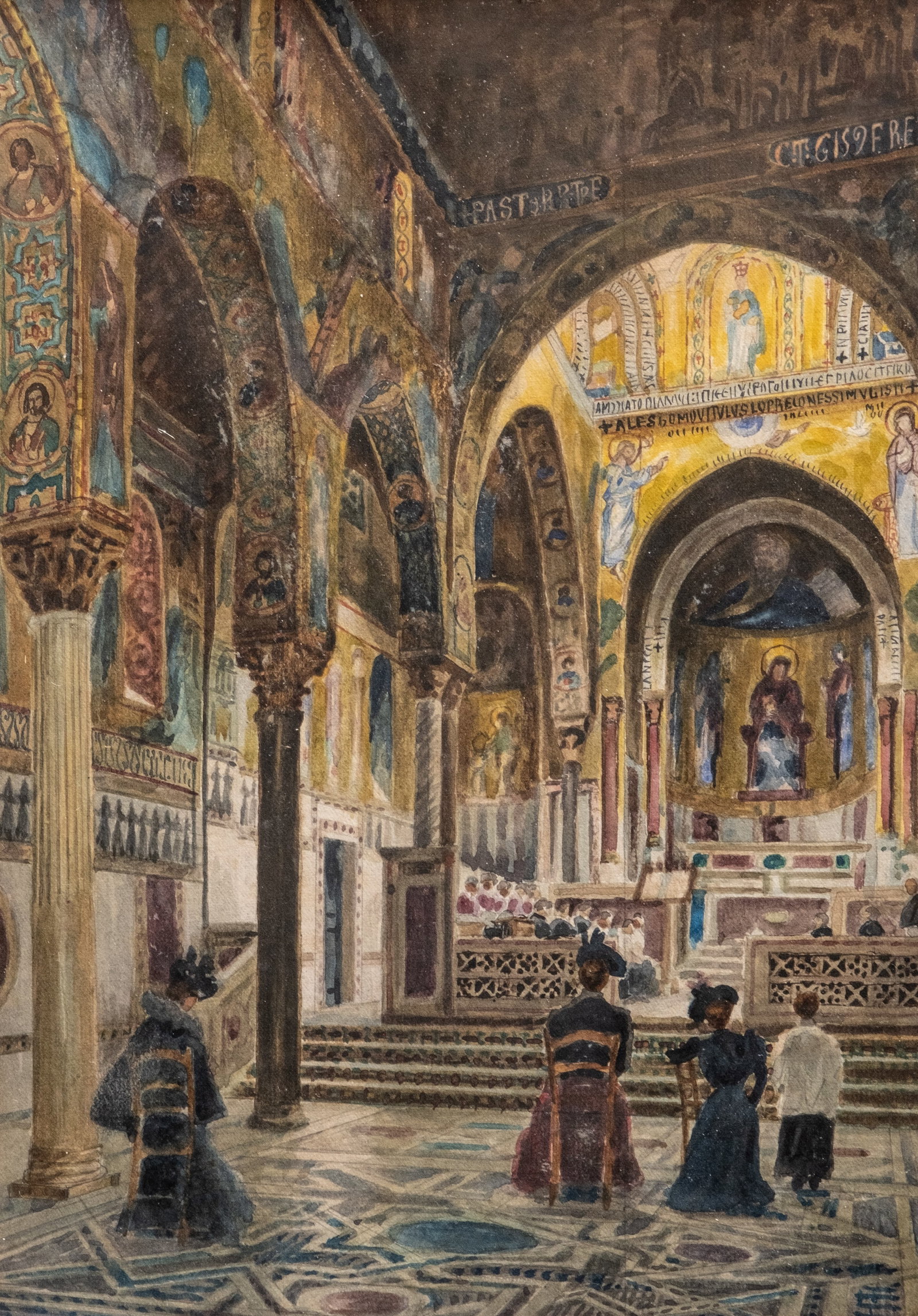 Watercolor painting of the (Norman Palace) Cappella Palatina in Palermo on Board, 19th century: Vintage Watercolor of the (Norman Palace) Cappella Palatina in Palermo on Board, 19th Century. Unable to find a signature but likely hidden. Art: 8.5"W x 12"H