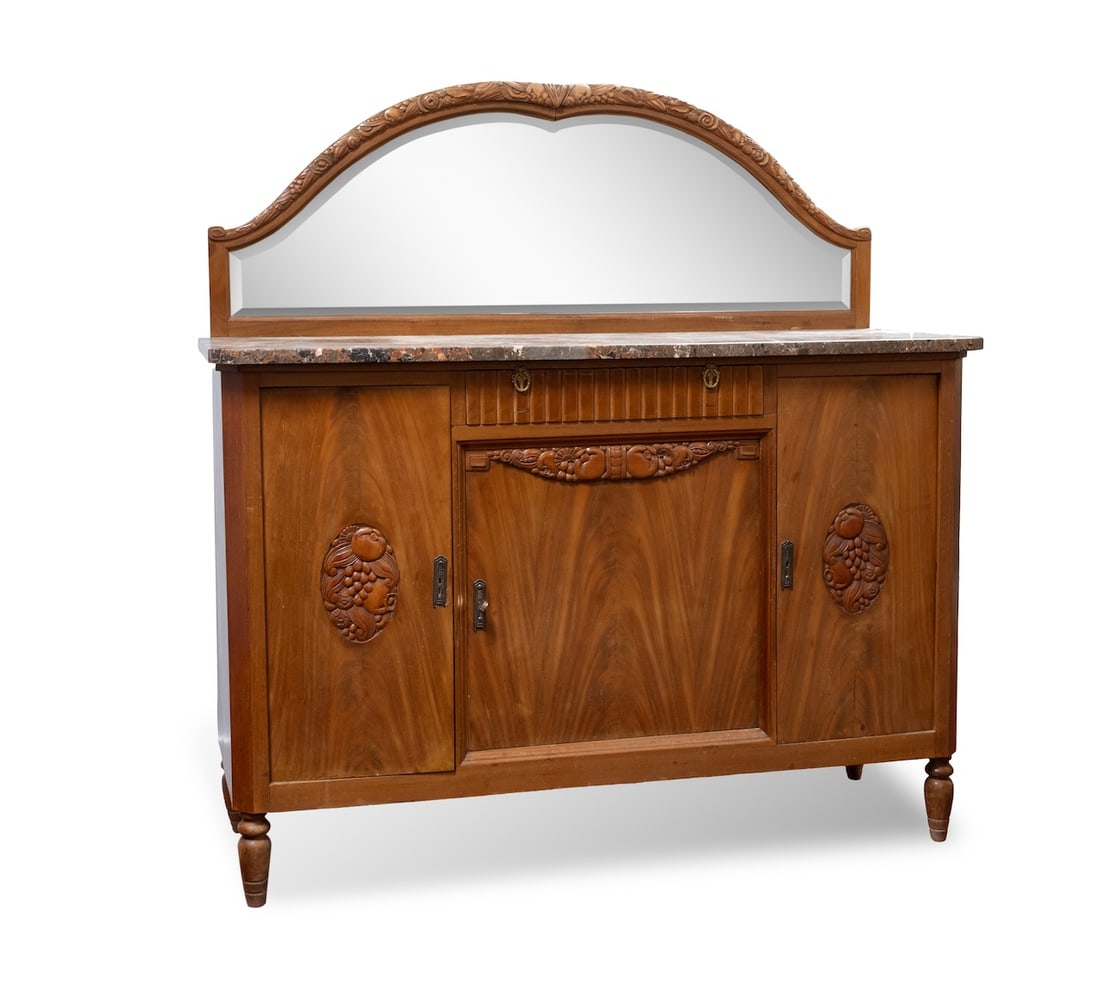 Art Deco Cabinet with Marble top and Mirror: Art Deco Cabinet with Marble top and Mirror Marble top art deco sideboard enhanced with stylistic carved fruit decoration and mirrored backsplash, carved detail, comes with key Cabinet is 59" W by 21"