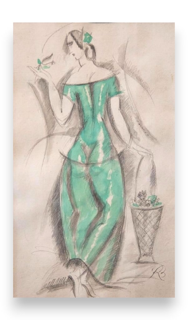 Signed René Buthaud, Gouache & Pencil on Paper 'Art Deco Woman in Green Dress I'.: Signed René Buthaud, Gouache & Pencil on Paper "Art Deco Woman in Green Dress" René Buthaud (French,1886-1987), 'Art Deco Woman in Green Dress I'. Gouache painting & pencil on paper painting