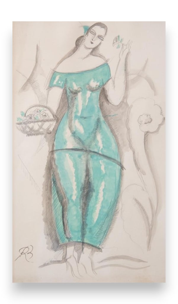 Signed René Buthaud, Gouache & Pencil on Paper Art Deco Period 'Art Deco Woman in Green Dress II': Signed René Buthaud, Gouache & Pencil on Paper Art Deco Period 'Art Deco Woman in Green Dress' René Buthaud (French,1886-1987), 'Art Deco Woman in Green Dress II'. Gouache painting & pencil