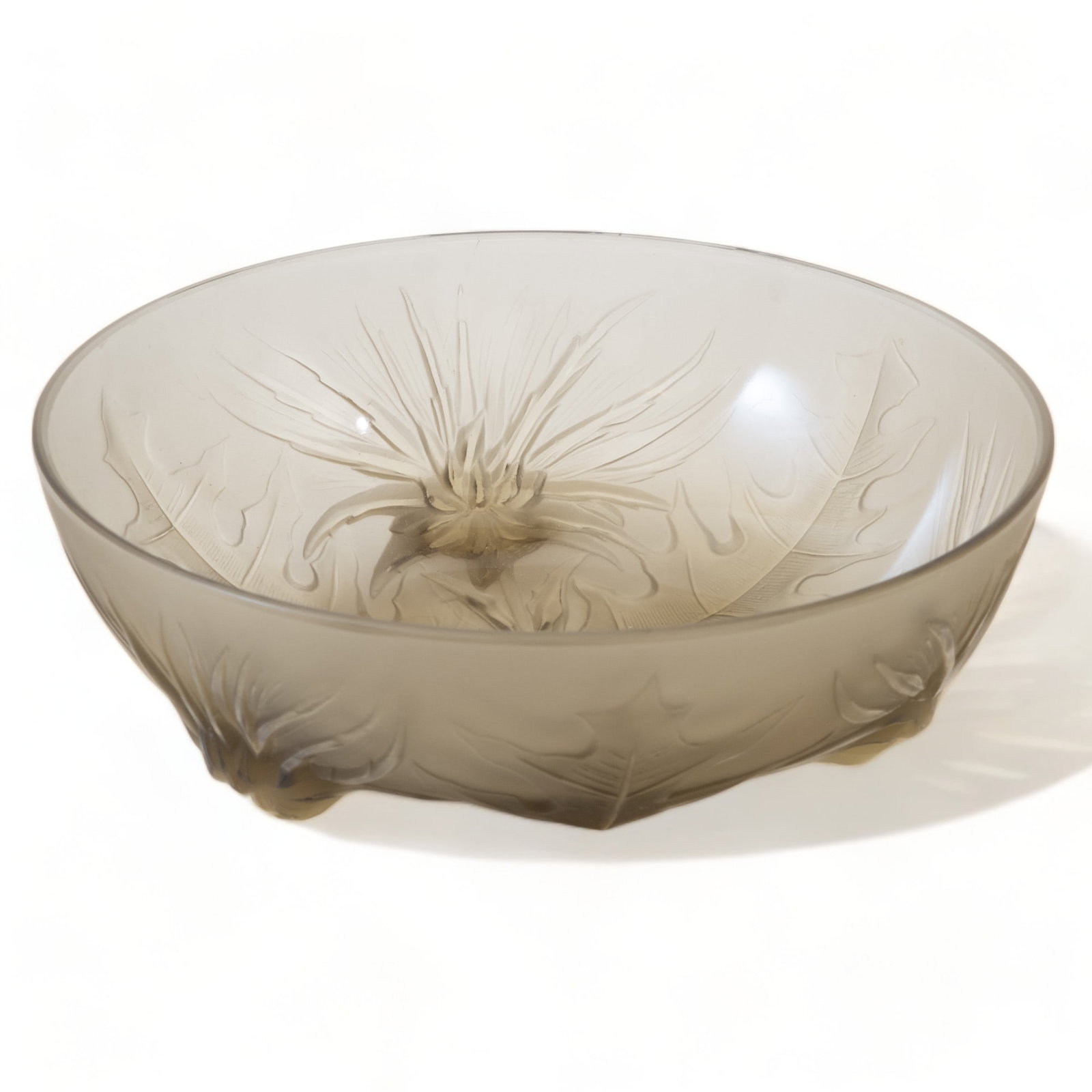 Verlys Signed Art Deco Molded Grey Art Glass Bowl: Verlys Signed Art Deco Molded Grey Art Glass Bowl Verlys signed Art Deco molded green bowl. Signed to inside bottom. 3 x 8 5/8 x 8 5/8 in. (7.6 x 21.9 x 21.9 cm.)