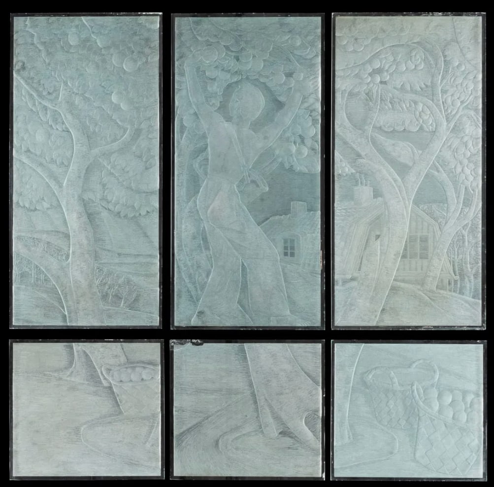 Lalique manner, etched molded glass wall panel or divider (1 of 1)