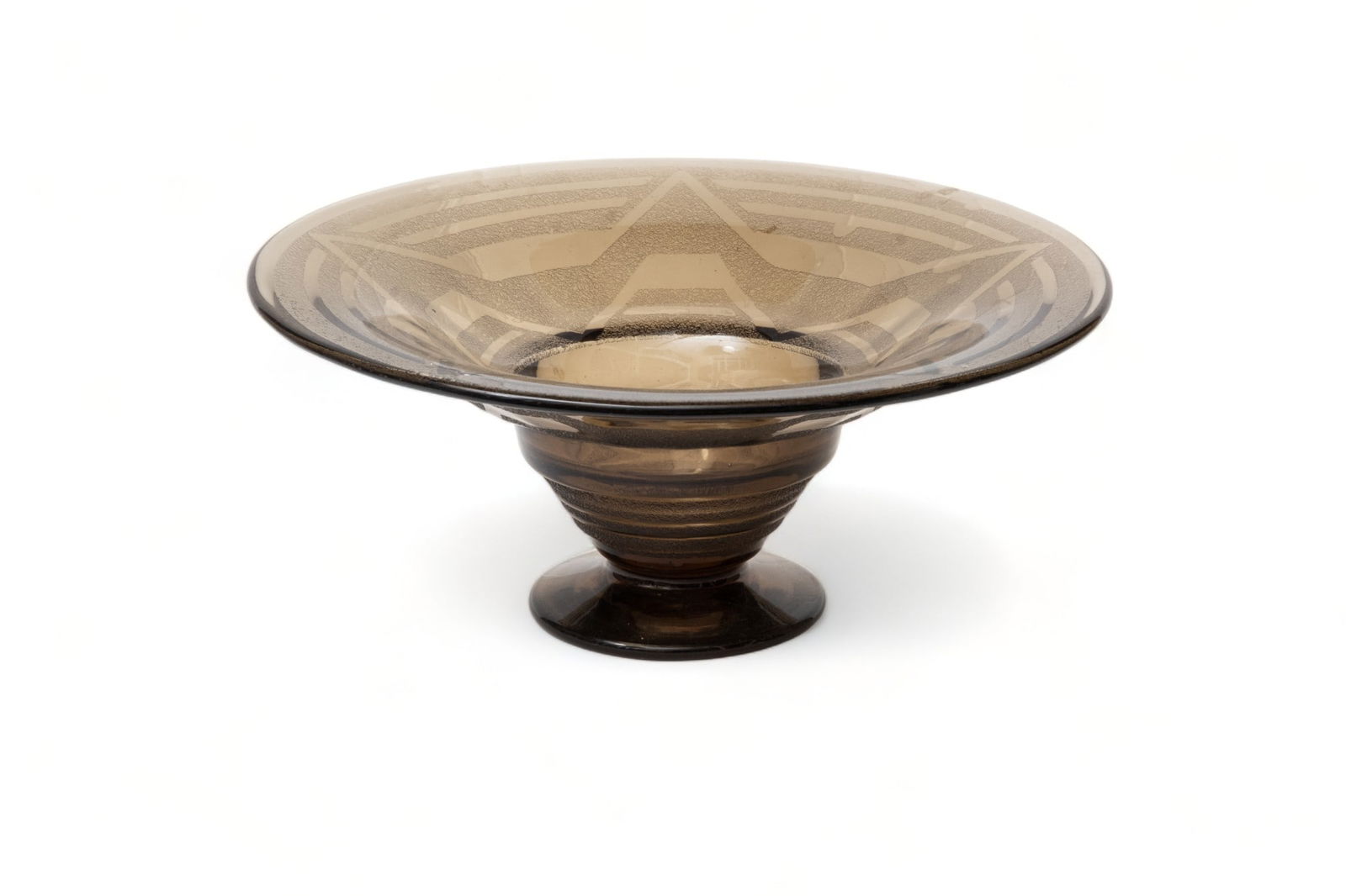 Schneider Signed Centerpiece Bowl: Schneider Signed Centerpiece Bowl Smoke brown etched and frosted glass with geometric star design. Schneider Signed along base rim (Hard to see) 4.7" H x 11" D