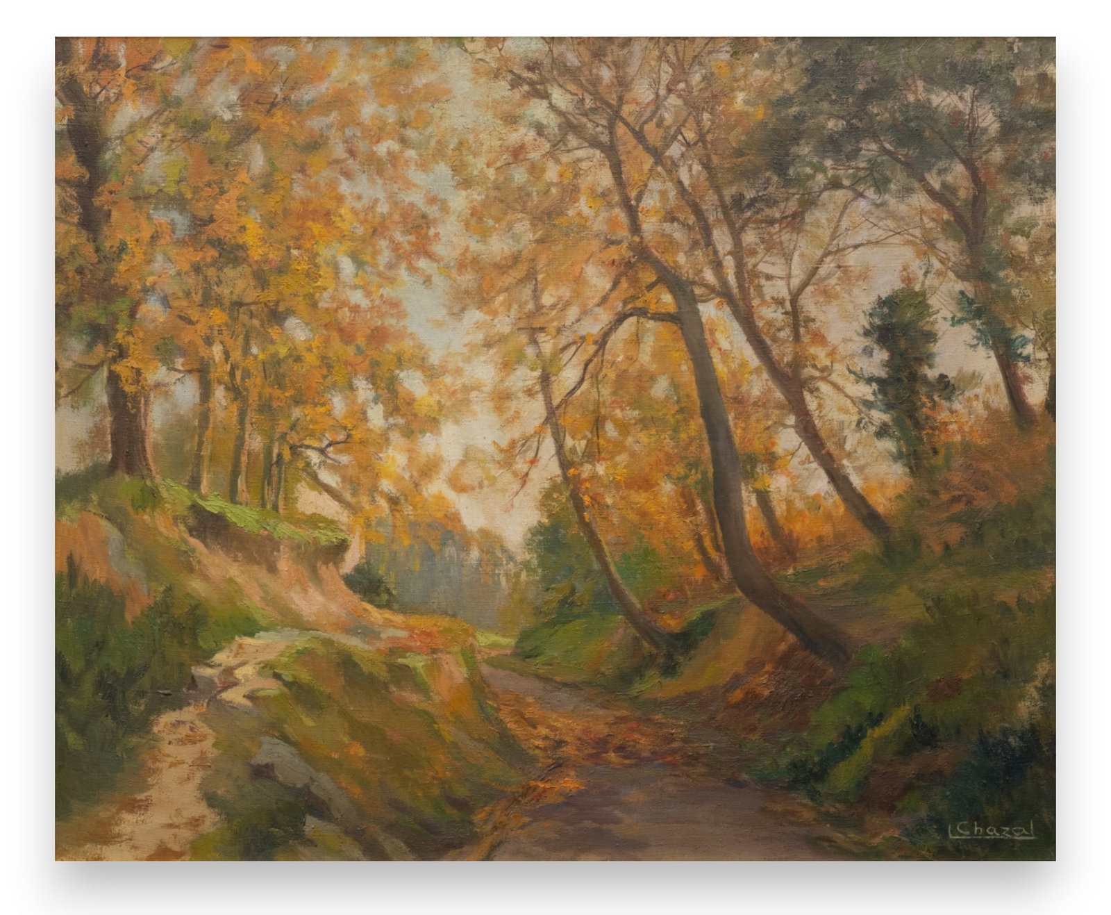 Signed Louis Chazal Oil Painting.: Signed Louis Chazal Oil Painting Louis Chazal (20th century). Under the trees. Oil on canvas, signed bottom right. Art: 23.9 x 28.9 in. (60.7 x 73.4 cm.), Frame: 30 x 35.2 in. (76.2 x 89.4 cm.)