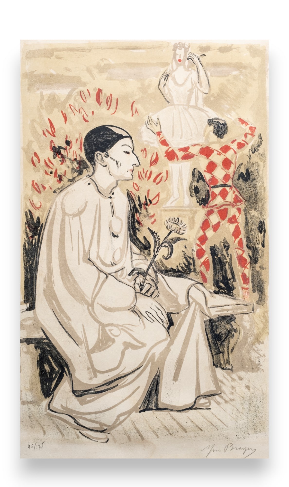 Signed Yves Brayer Limited Edition Lithograph, pencil signed and numbered: Yves Brayer Rare Signed Limited Edition Lithograph Yves Brayer, French 1907-1990. Rare limited edition Lithograph of harlequins. Pencil signed Yves Brayer, Edition 45/175 Frame: 20 3/16" W x 29 3/16"H