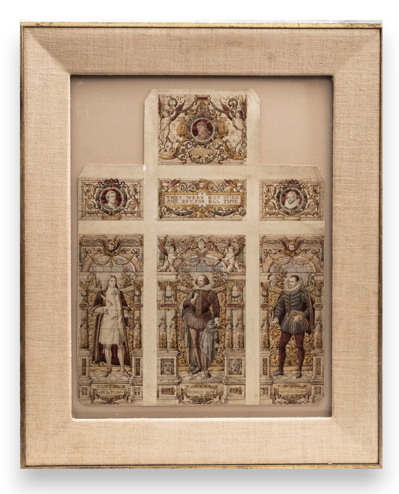 19th century Stained glass hand painted design original Watercolor Painting: 19th century Stained glass hand painted design original Watercolor Painting Depicting Shakespeare, Milton, Spencer, Newton, Chaucer and Bacon. Great thinkers of the ages and these windows probabl