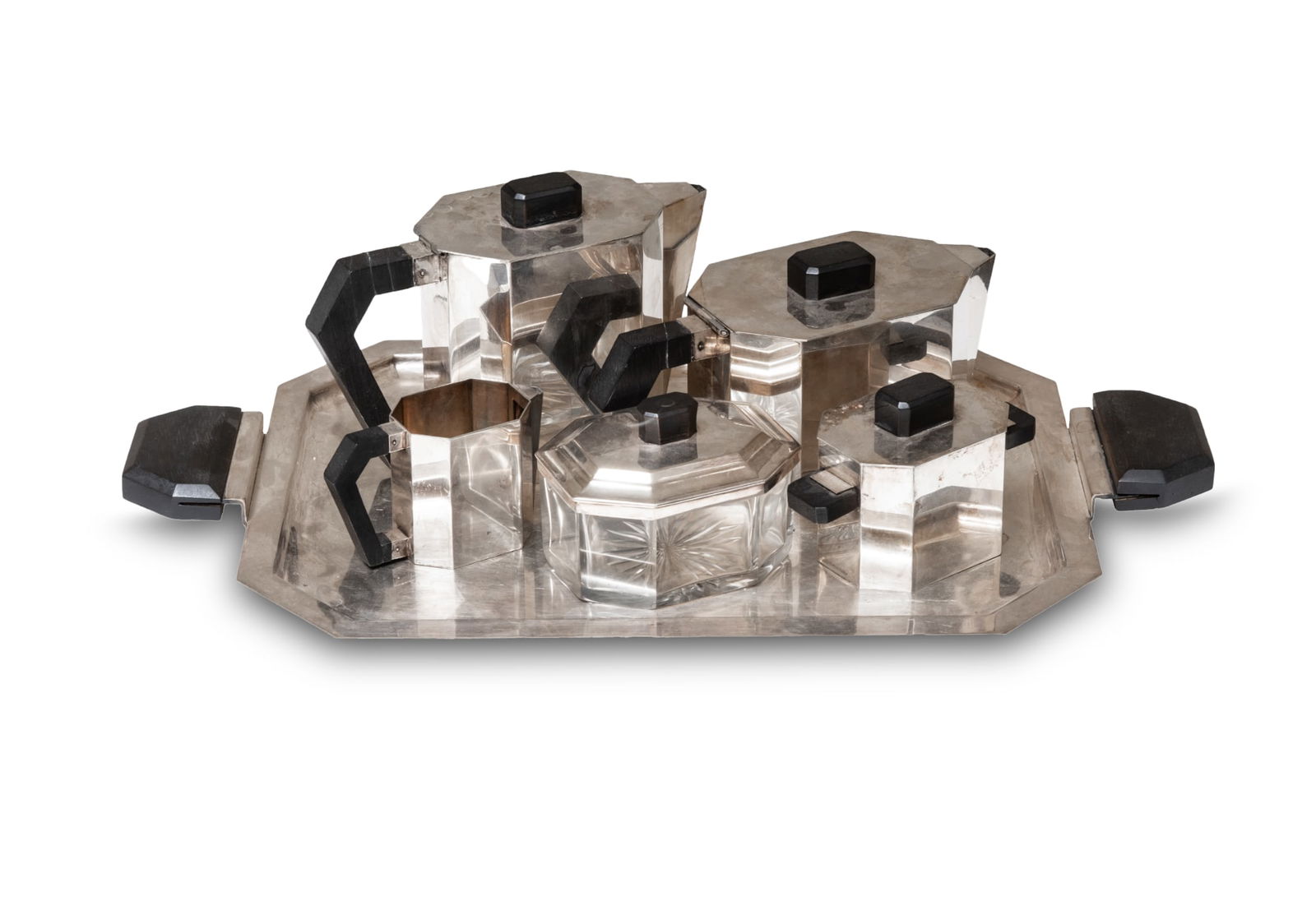 Art deco silver plate coffee set with tray. 1930's period,, Large Coffe Pot: 6 x 9 x 3 1/2 in. (15.2 (1 of 4)