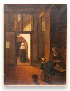 Pieter de Hooch, attrib. Old Master Antique Dutch Oil on Canvas Painting: Pieter de Hooch, attrib. Old Master Antique Dutch Oil on Canvas Painting of a church interior (annotated on reverse) The artist name has a number of variations: Pieter Hendricksz. de Hooch, Pieter de