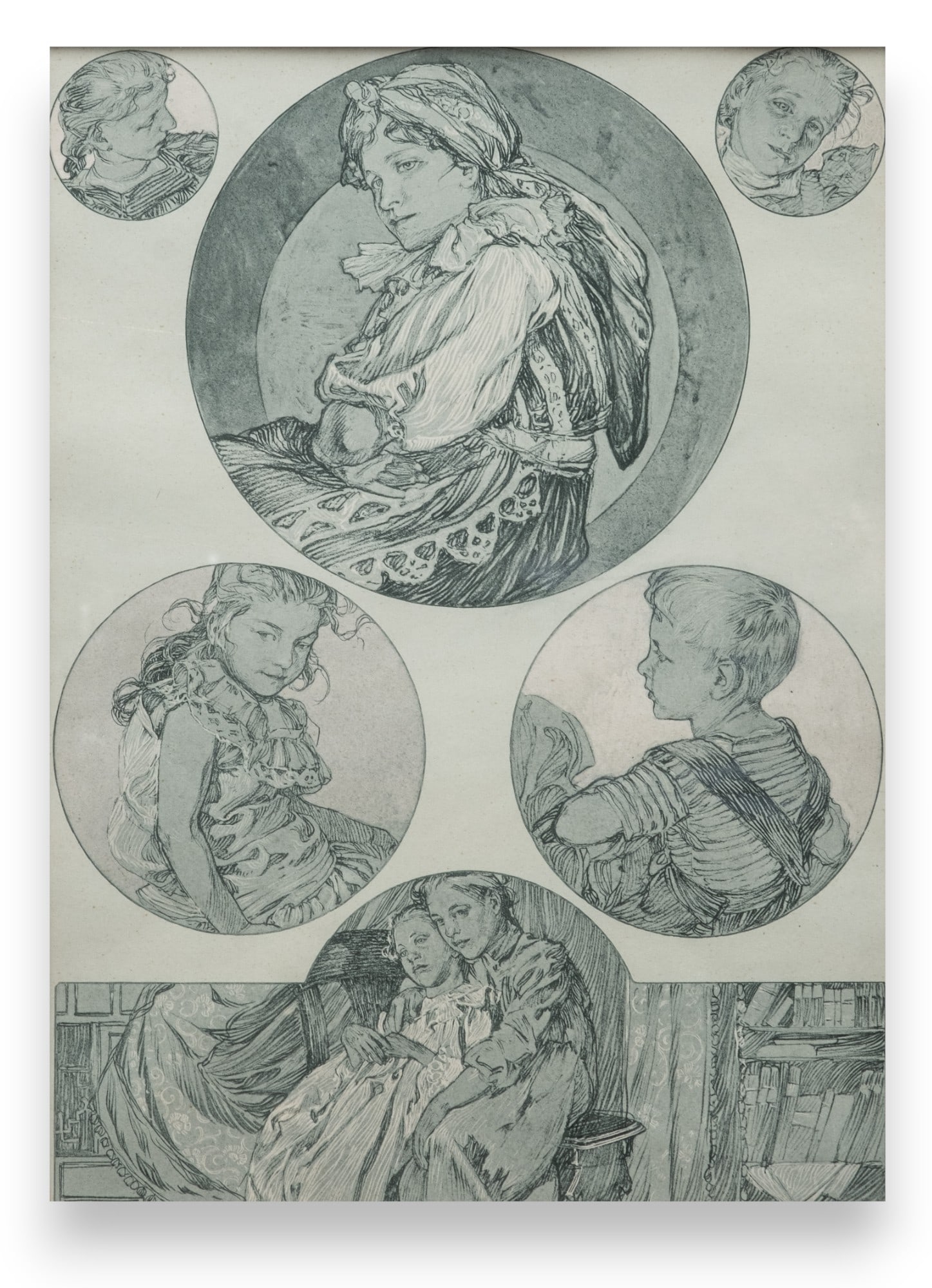 Alphonse Mucha Attributed Monochrome Lithograph: "Decorative Figures" (1 of 9)