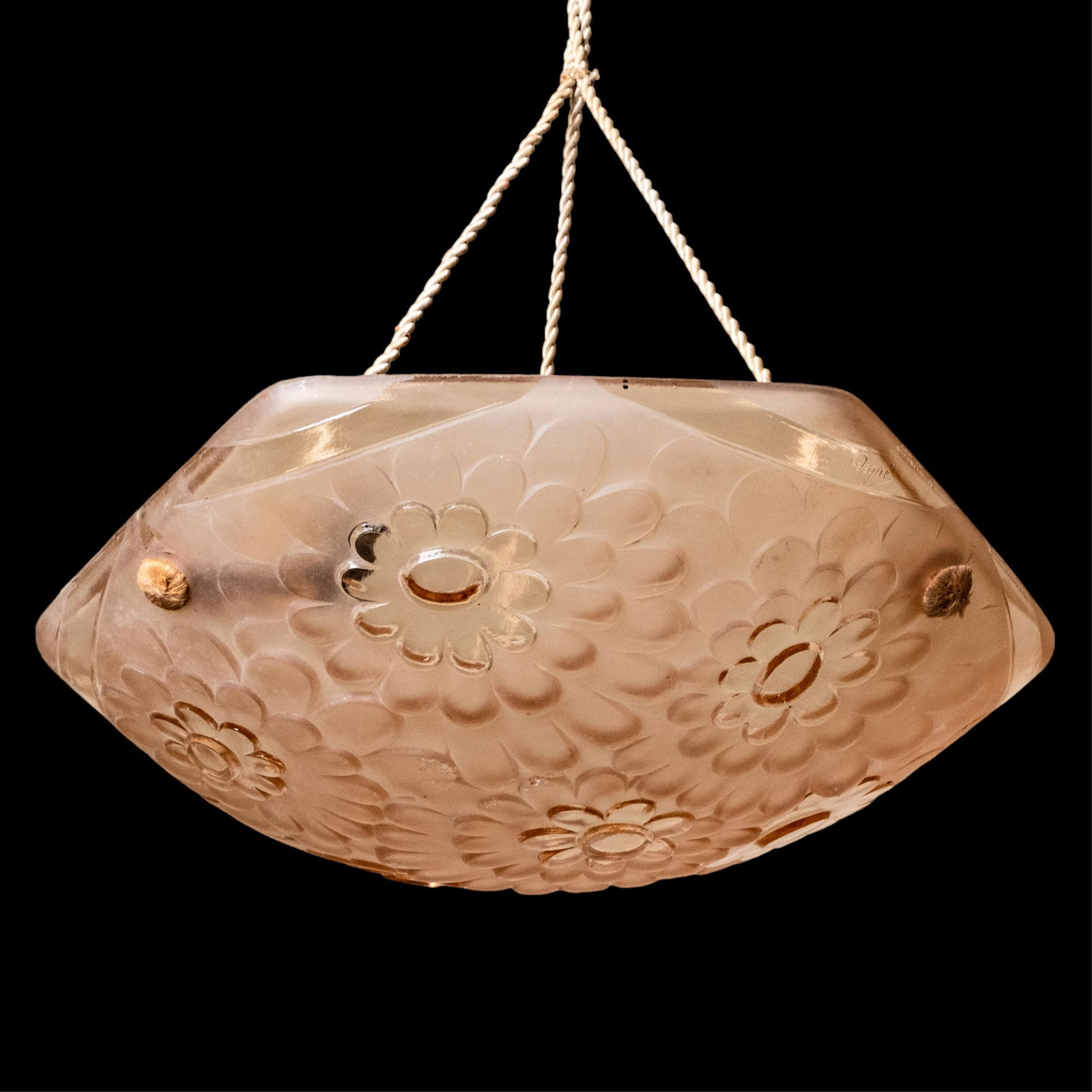 Degué Signed Lalique Style Molded Etched Glass Art Deco Hanging Ceiling Lamp (1 of 6)