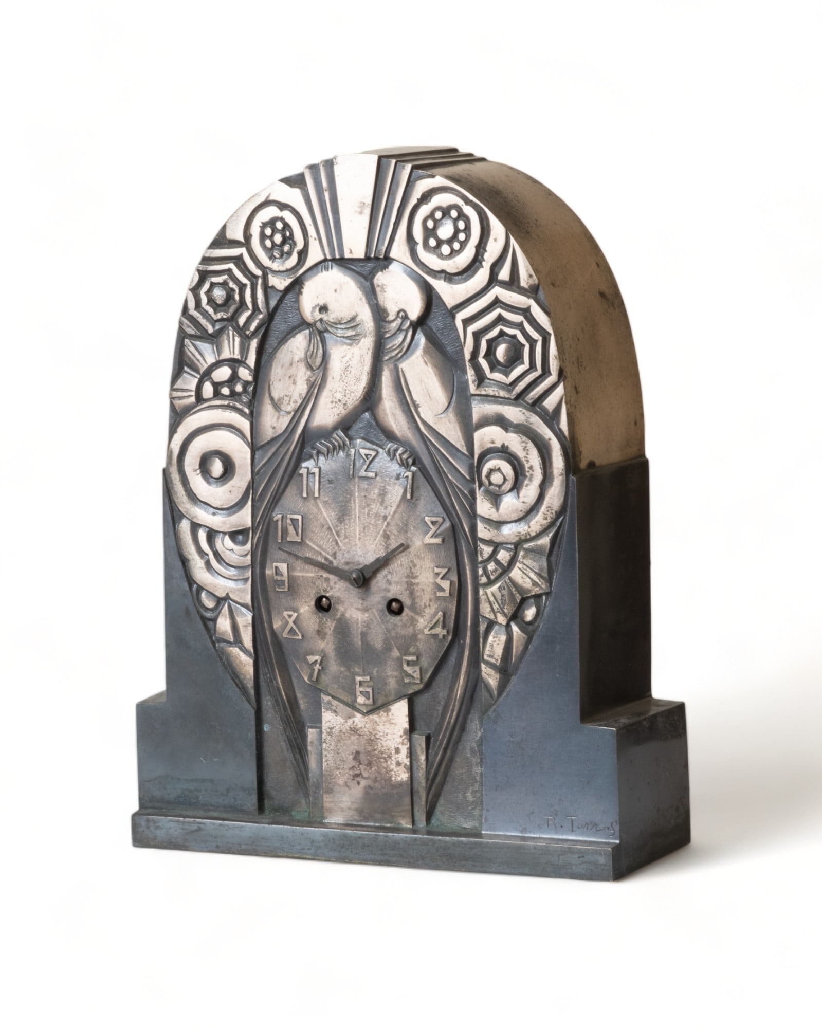 Iconic Signed R. Terras Art Deco Silvered Bronze Mantel Clock, 1930's (1 of 7)