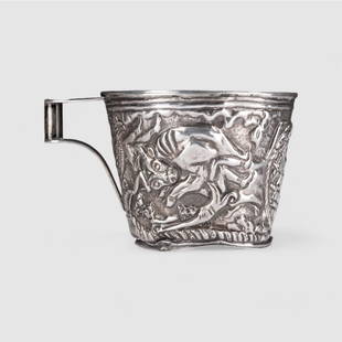 Ilias Lalaounis Repousse Hand Worked Silver Vapheio Cup: Ilias Lalaounis Repousse Hand Worked, Signed Silver Vapheio cup with Greek Mythological scene with Zeus as a bull. Weight: 4.01 Troy Ounces Approx Size: 2 3/4 x 3 1/4 x 4 1/4 in. (7 x 8.3 x 10.8 cm.)