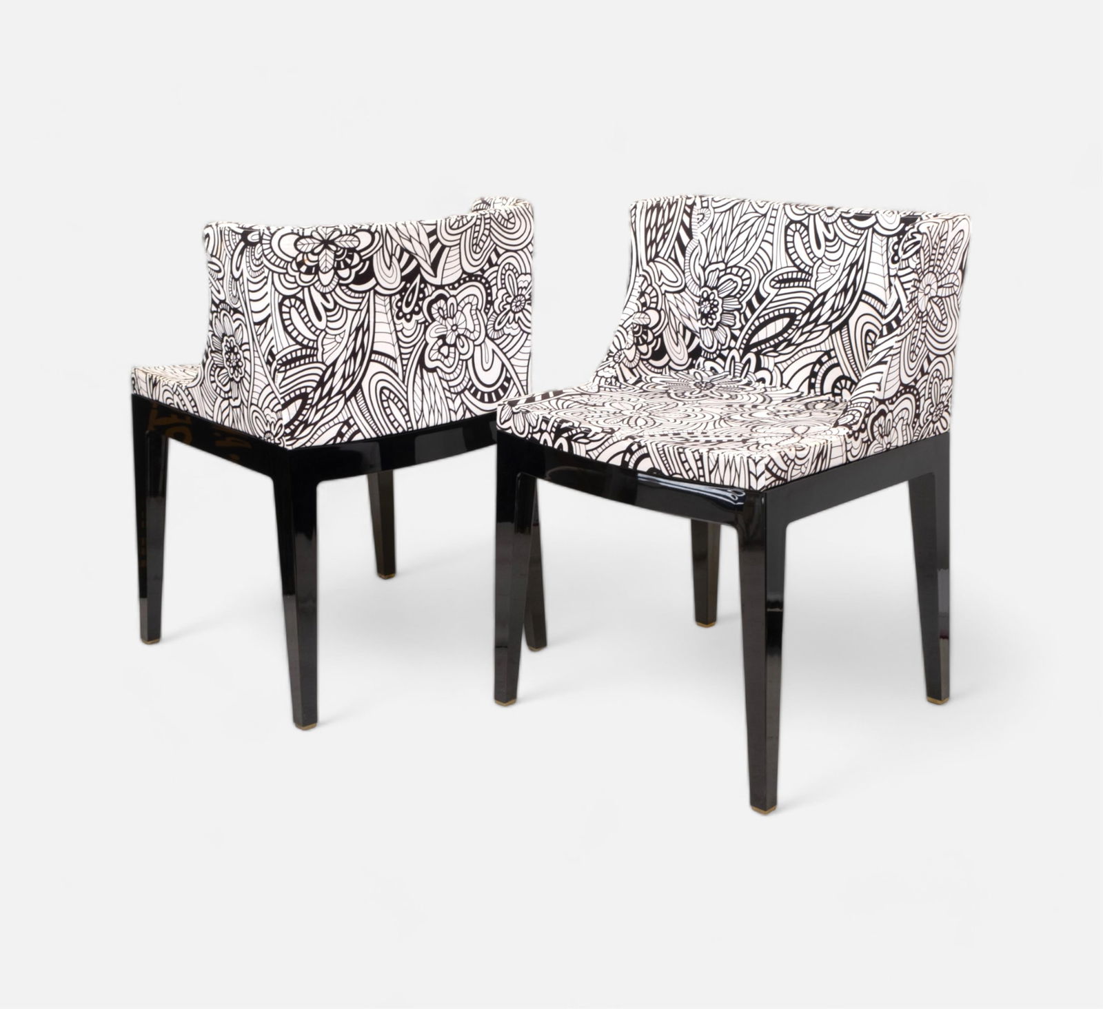Philippe Starck For Kartell Vintage Pair Of Mademoiselle Arm Chairs: Vintage Pair Of Kartell Mademoiselle Arm Chairs By Philippe Starck Pair Philippe Starck Mademoiselle Dining Chairs From Kartell. Black legs, upholstered with bold black and white floral print. Size:Ch
