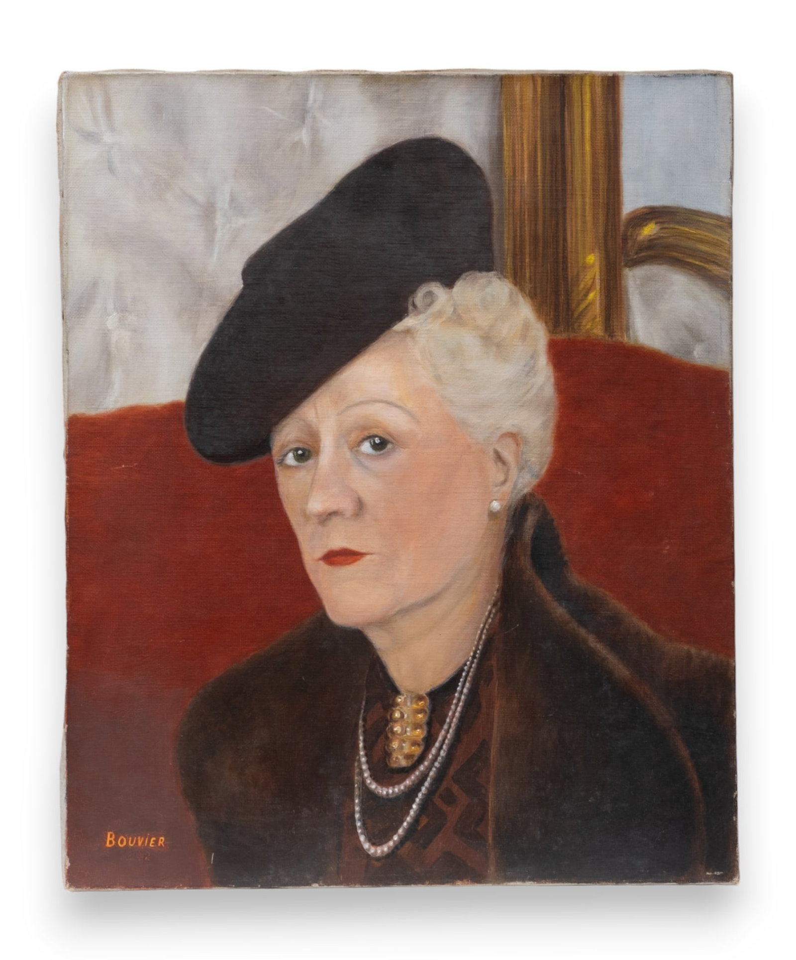 Signed Bouvier French Modernist Oil on Canvas Painting: Signed Bouvier French Modernist Oil on Canvas Painting, Early 20th Century Portrait of a woman with mink, Oil on canvas signed bottom left." Size: Art: 18.1 x 14.9 in. (46 x 37.8 cm.)