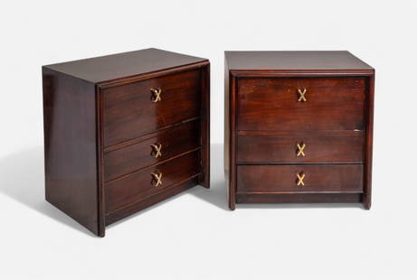 Pair of Mid-Century Modern Paul Frankl Mahogany Classic Night Stands, 1950's: Pair of Mid-Century Modern Paul Frankl Mahogany Classic Night Stands, 1950's Stamped John Stuart. "X" style brass drawer pulls. Size: 24 x 24 x 17 in. (61 x 61 x 43.2 cm.)