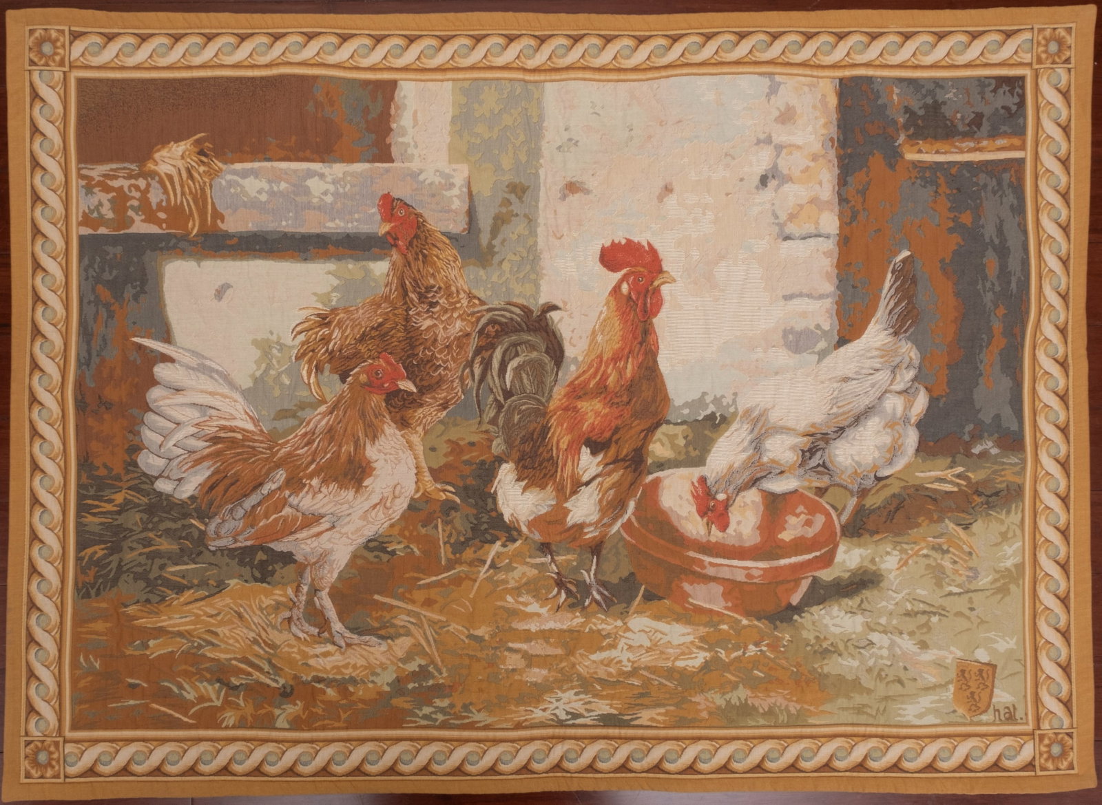 Halluin Signed Tapestry Depicting Farmyard Chickens: Halluin Signed Tapestry Depicting Farmyard Chickens Halluin is a town in Northern France, located in the region of Hauts-de-France, near the border with Belgium. It is a part of the Métropole Europé