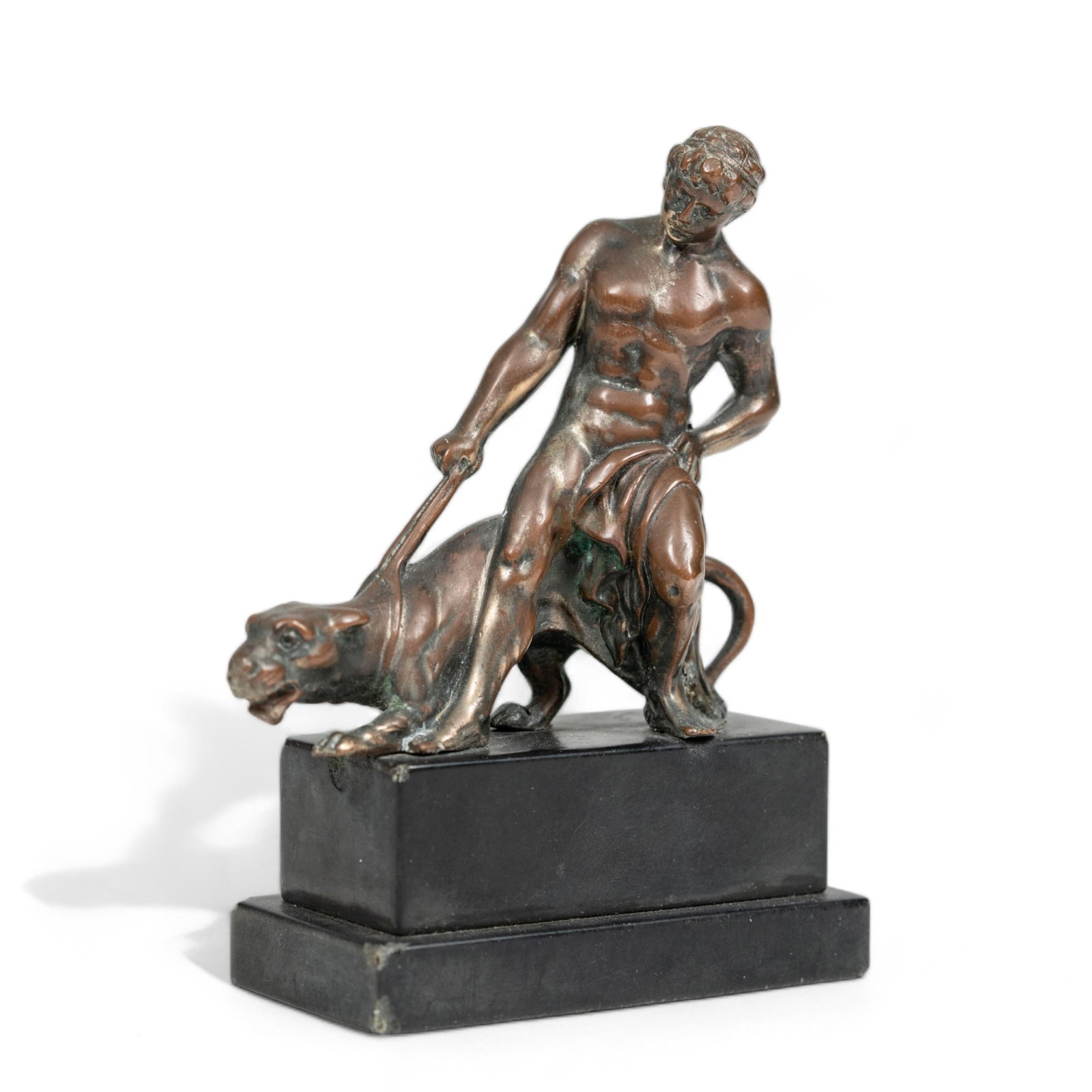 Antique Bronze Sculpture Of Man With Panther: Antique Bronze Sculpture Of Man With Panther Sculpture of a male figure with panther. On slate base. Size: 5" high x 4" deep x 1 7/8"