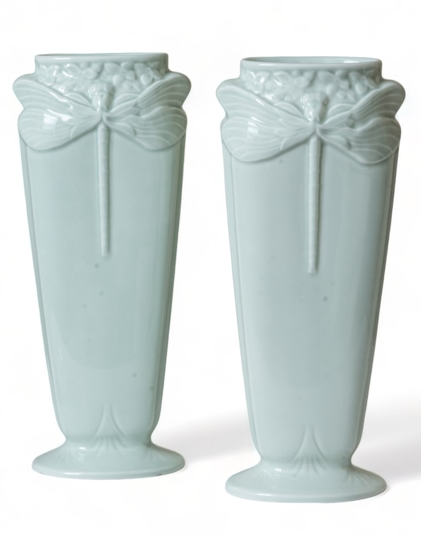 Signed Christofle Art Nouveau Dragonfly Porcelain Vases, Circa 1920 (1 of 5)
