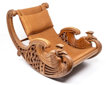 Victorian Peacock Rocking Chair, Hand Openwork Carved Wood,19th Century