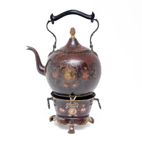 Toleware Hand Painted Teapot with Tripod Stove Base, 19th Century
