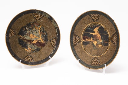 Two Meiji Japanese Hand Painted Enamel on Iron Plates, 19th century