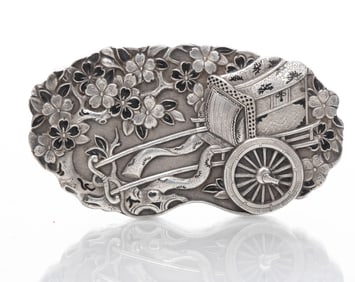 Japanese Meiji Silver Enamel Plum Blossom and Rickshaw Sterling Box