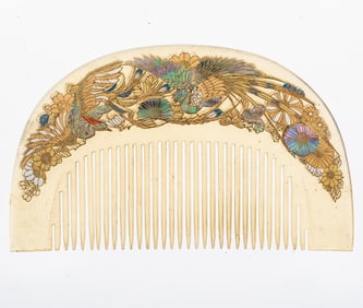 Edo Japanese Hair Comb, Incised Lacquer, Horn, White Cranes