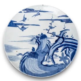 Large Japanese Hand Painted Blue and White Porcelain Charger,19th Century