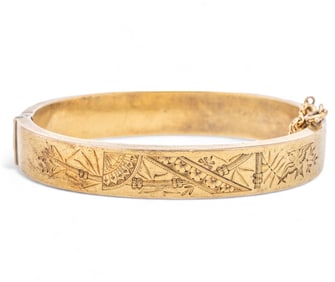 Victorian Aesthetic Movement Japanese Influenced 14K Gold Hinged Bracelet