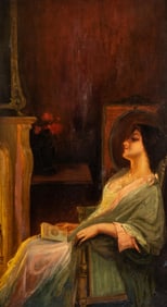 Mystery Artist: Oil Painting, Reflecting by the Fireplace, Early 20th century