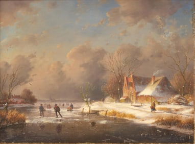 Charles Leickert Oil Painting, titled "Skating on a Frozen River", 19th C.