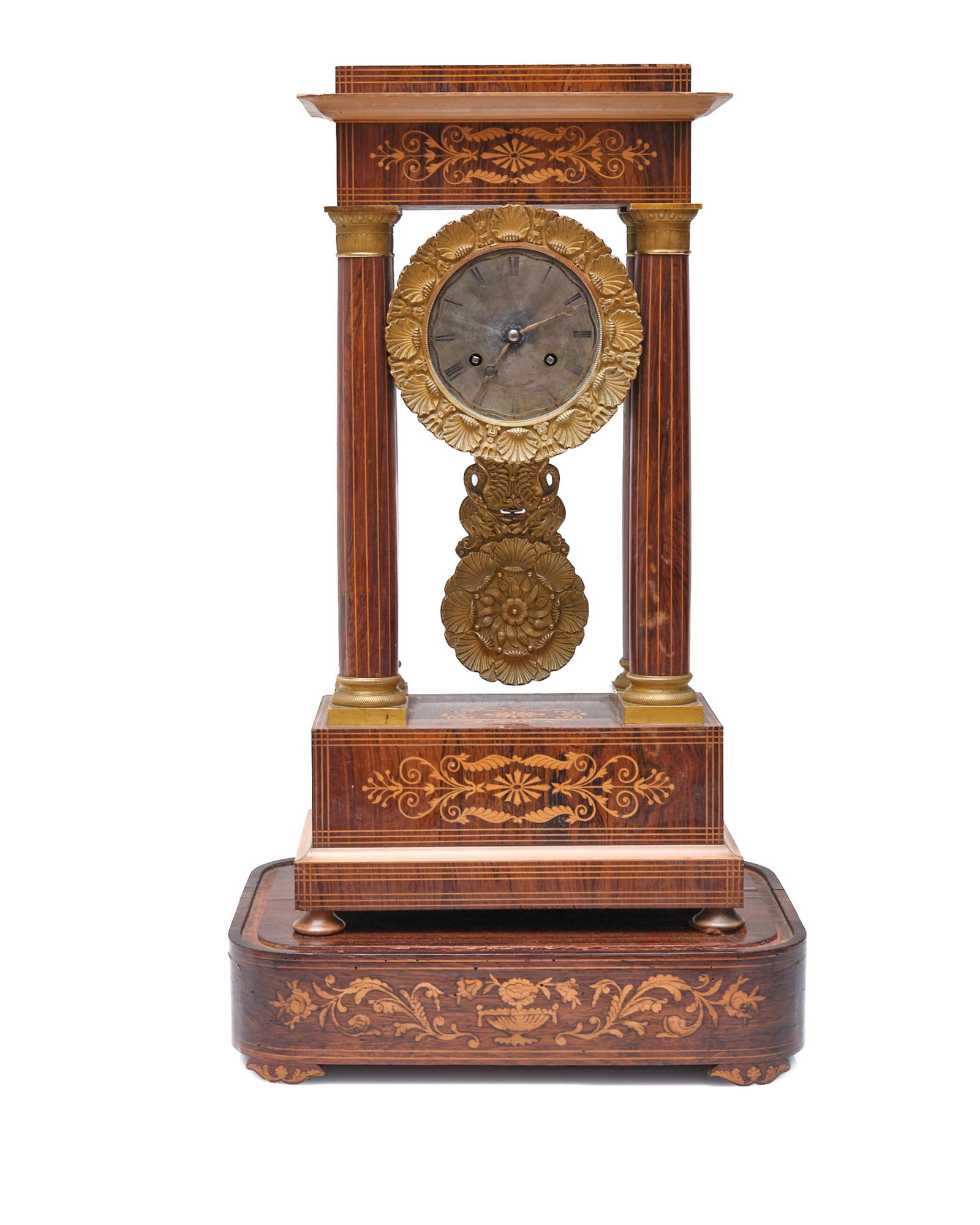 French Bronze Inlaid Veined Wood Veneer Portico Mantle Clock, 19th Century (1 of 16)