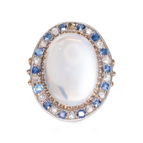 Estate 18K Gold Ring with Large Moonstone Diamonds and Fine Sapphires
