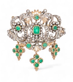 Victorian Antique Diamond, Emerald, Gold, and Silver Brooch, Late 19th Century