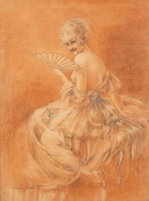 Louis Icart Signed Original Drawing, Young Woman with Fan