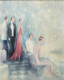 George Russin, Titled 'Figures in a Theatre' Oil on Canvas, Mid-20th century