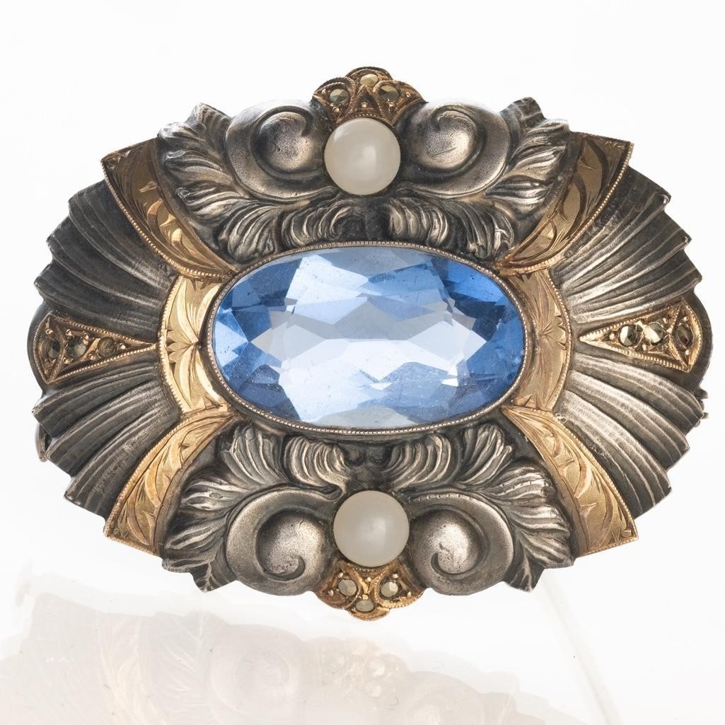 Moonstones and Dimond Spanish Catalan Brooch, 14 Kt Gold and Silver, Mid 1930s (1 of 7)