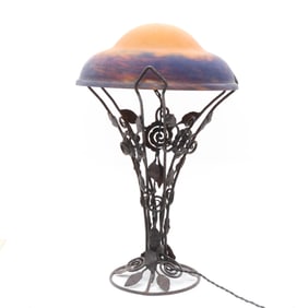 Muller Freres, Luneville Signed, Art Glass and Wrought Iron Table Lamp