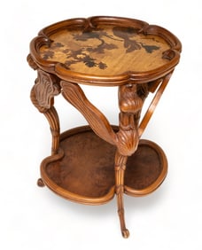 Signed Galle Dragonfly Inlaid French Marquetry Inlaid 2 Tier Table, 1900